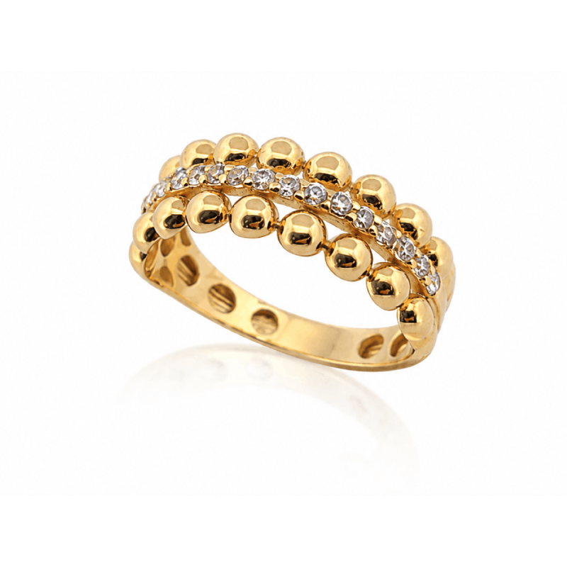 Subtelny blask i nowoczesna elegancja w jednym. Złoty pierścionek z dekoracyjnymi kulkami i lśniącymi cyrkoniami pięknie podkreś