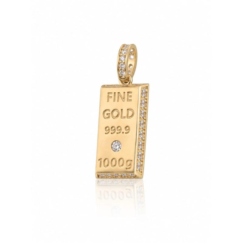 Złota zawieszka w formie sztabki „Fine Gold” to efektowny dodatek o luksusowym charakterze.